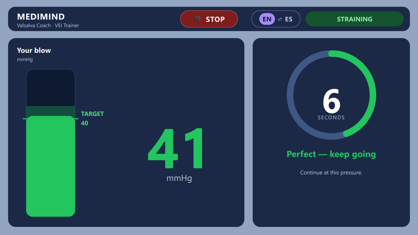 Device screen during a successful strain: the pressure column is green and full at 41 mmHg inside the target band, the timer ring shows 6 seconds remaining, and the coaching message reads Perfect — keep going.