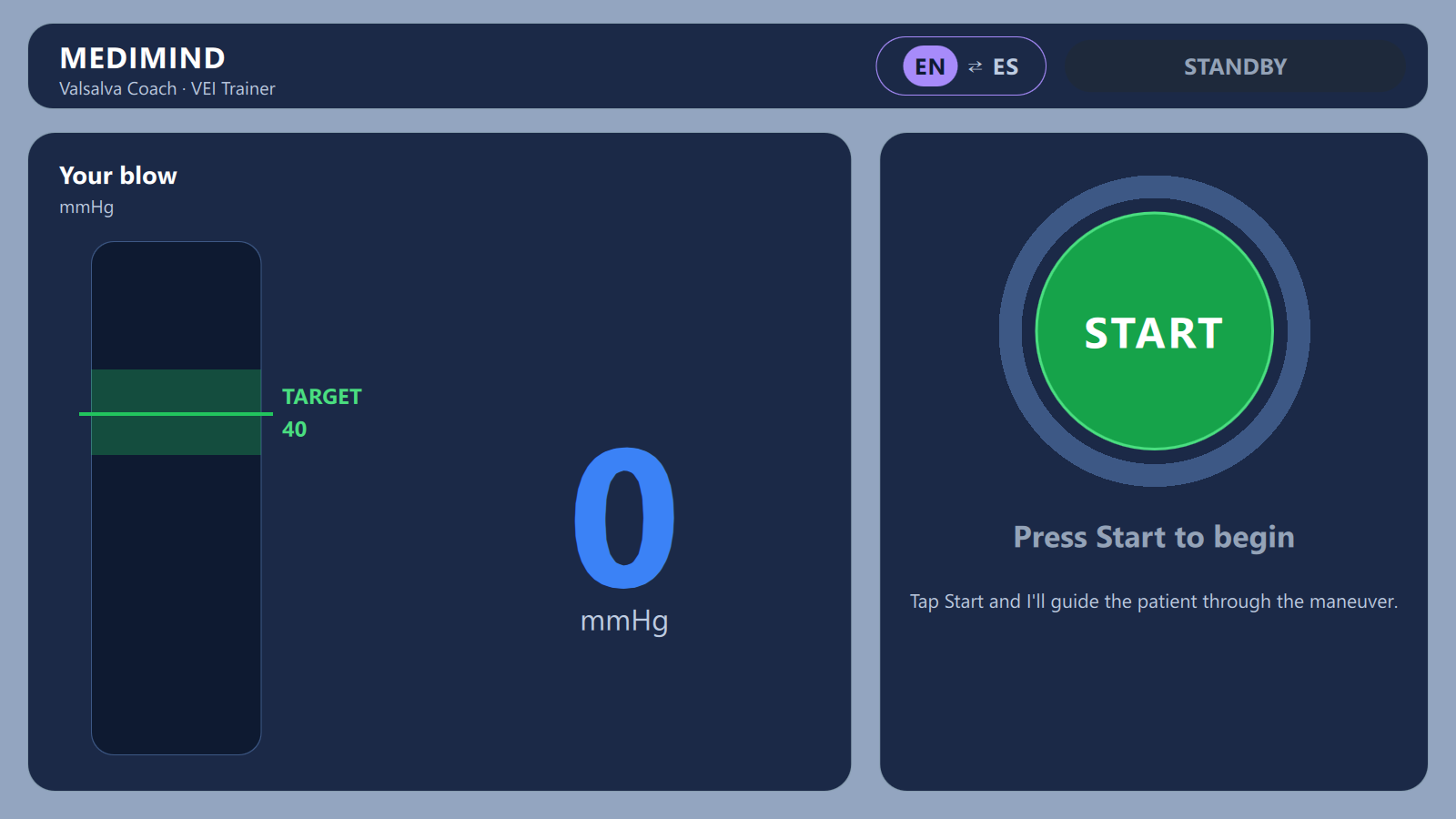 Device standby screen with a large green START button in the centre of the timer dial and an empty pressure column marked with a 40 mmHg target band.