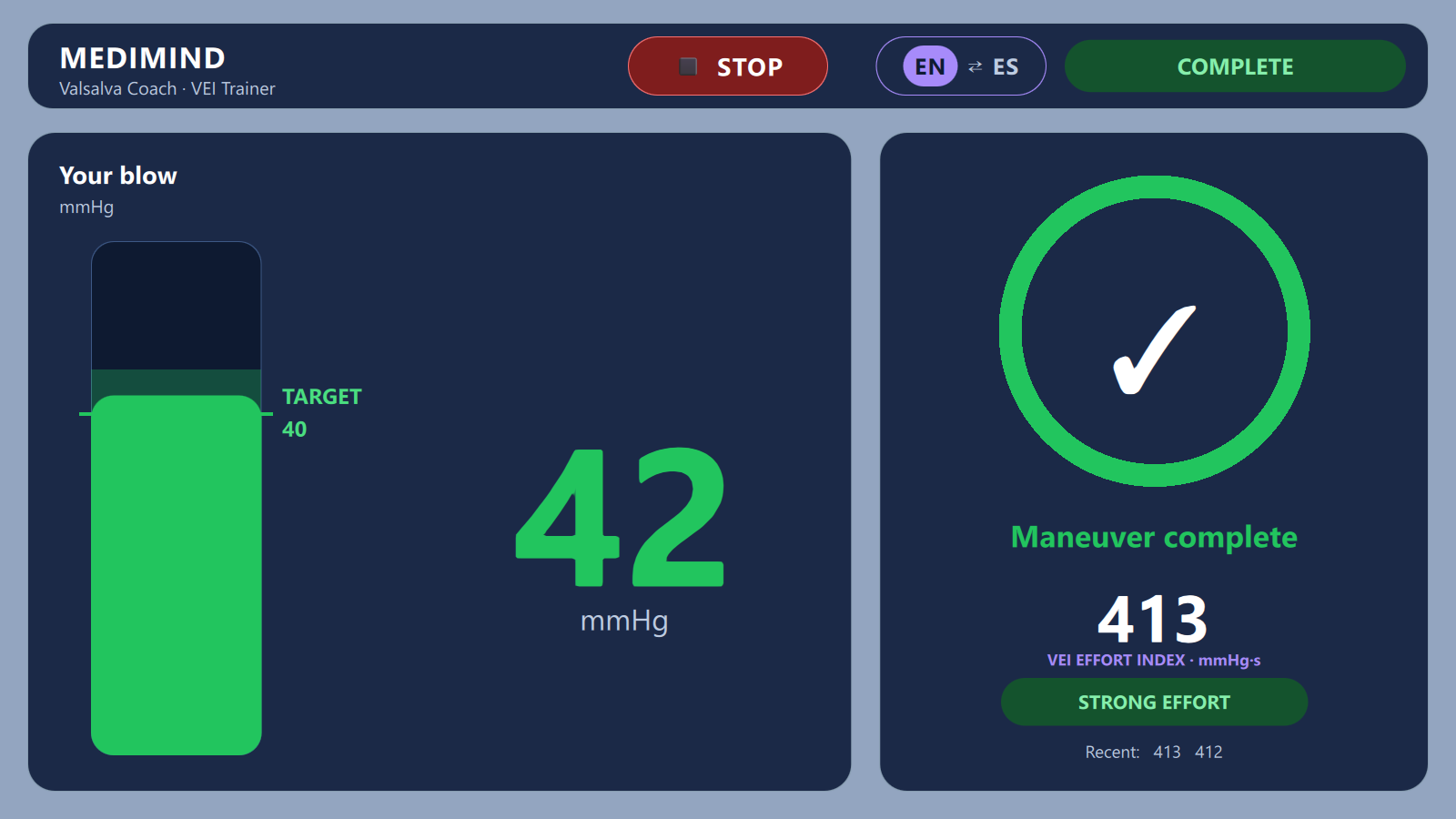 The Goal-Directed Valsalva Device screen after a completed maneuver: a green pressure column reading 42 mmHg against a 40 mmHg target, a completed timer ring, and a Valsalva Effort Index of 413 mmHg·s labelled STRONG EFFORT.